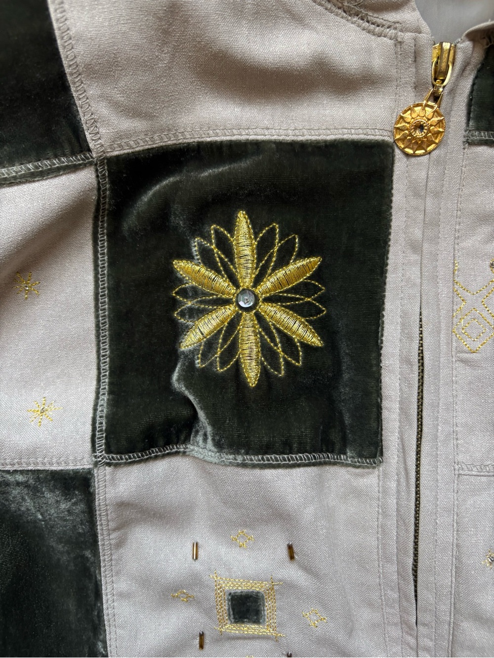 Vintage Celestial Boho Silk Patchwork Hooded Bomber Jacket - Picture 2 of 7